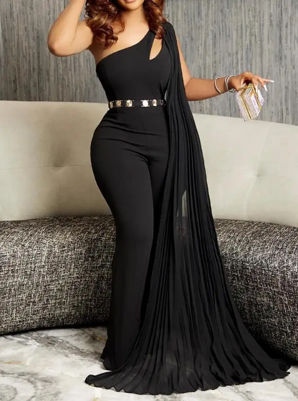 Women's Jumpsuit Elegant Party Evening Solid Backless One Shoulder Sleeveless Cutout Asymmetrical Hem Jumpsuit Without Belt