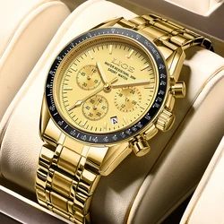 LIGE Men's Waterproof Stainless Steel Quartz Chronograph Watch with Luminous Display (Gold black)