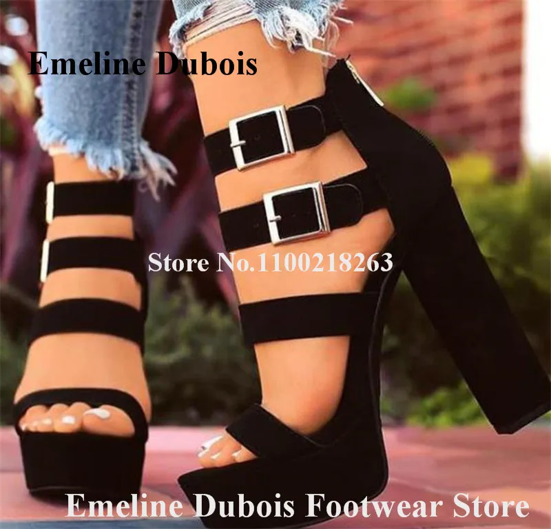 

High Platform Chunky Heel Sandals Emeline Dubois Open Toe Black Suede Ankle Straps Buckles Dress Shoes Sexy Thick Heels Big Size