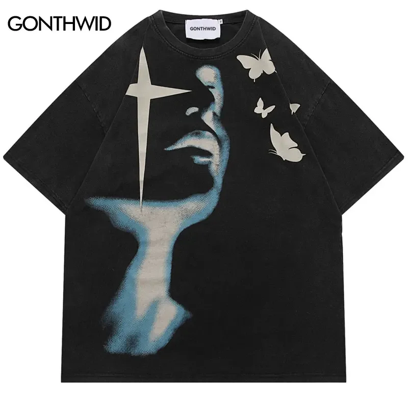 

Vintage Black T Shirt Hip Hop Butterfly Shadow Graphic Print Washed Tshirt Men Harajuku Punk Gothic Tee 2024 Tops Streetwear