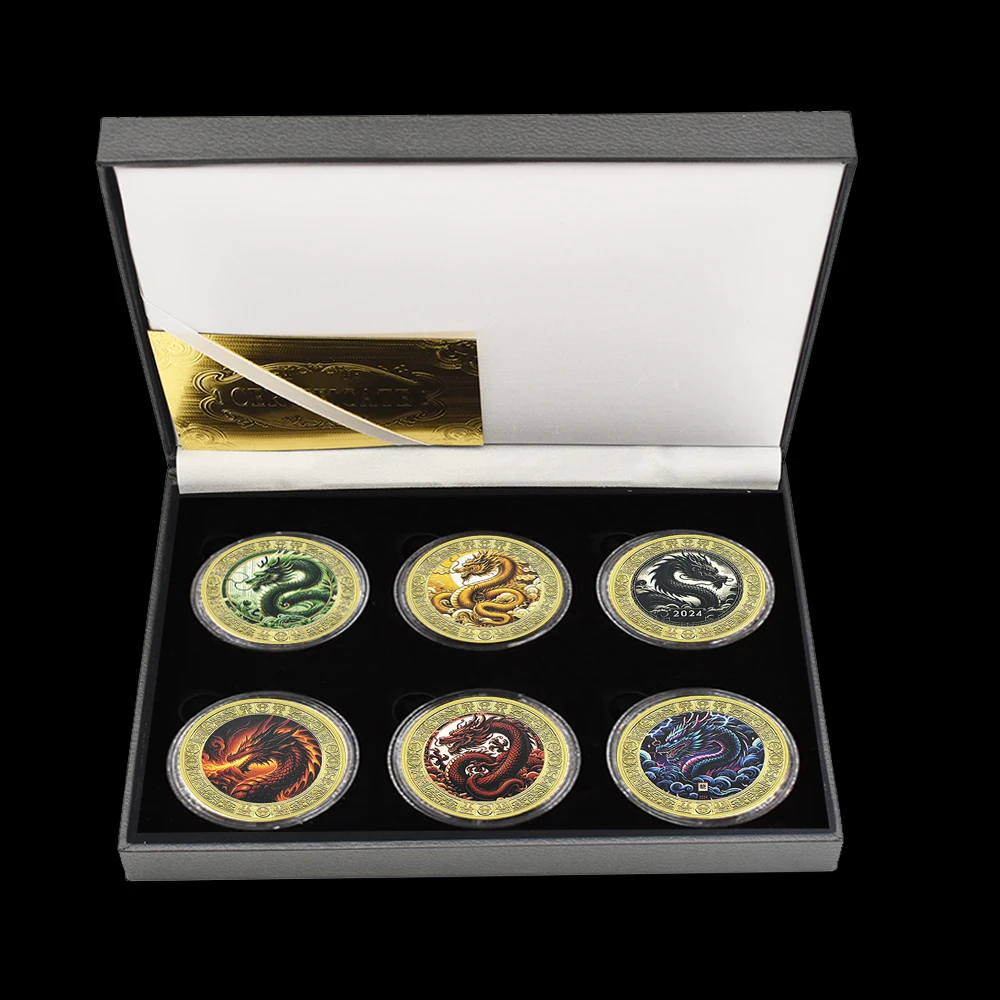 

6pcs/box Chinese Year of The Dragon 2024 Gold Plated Coins Good Luck and Auspiciousness Metal Badge Colored Art Crafts - Rare