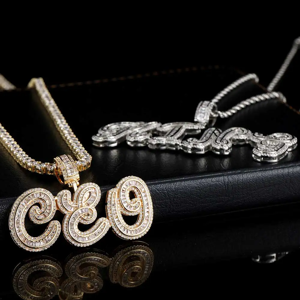 Hip Hop Name Custom Pendant New Style Bling Rectangular Drill CZ Stone Personalized Cursive Letter Necklace