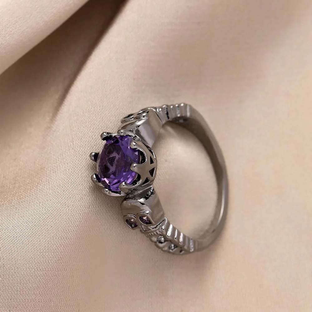 Personality sweet cool wind skull purple diamond ring hip hop tide Black Gho