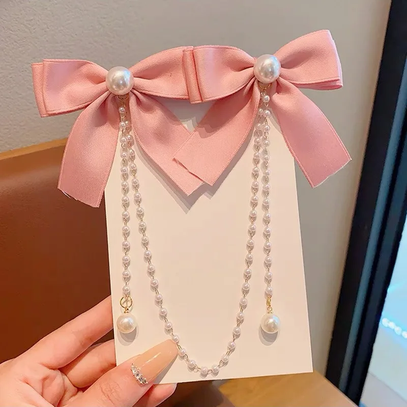 Sweet Princess Style Pink Pearls Chain Bow Hair Clip Women Children's Cute Back Head Hairpins Hair Clips Girls Hair Accessories 3