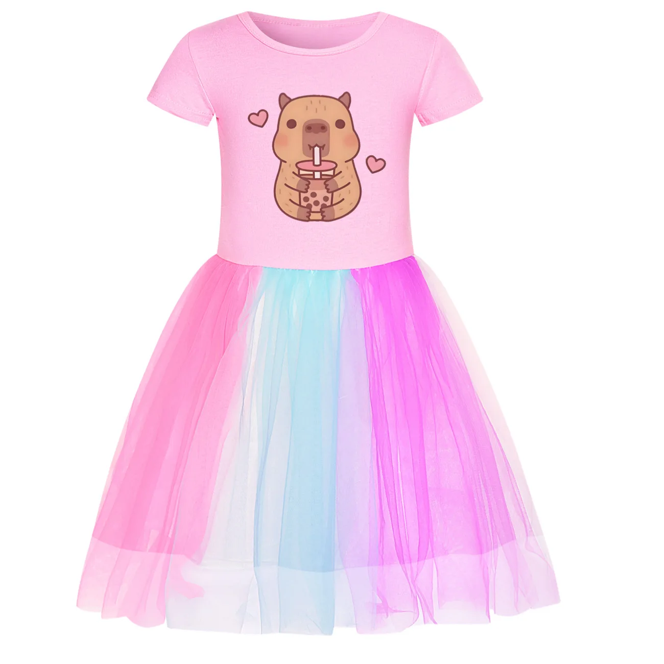 Capybara Druck Kleidung Kinder Lange Ärmel Casual Kleider Kleinkind Mädchen Baumwolle Regenbogen Volle Spitze Kleid Kinder Party Vestidos – Detail 4