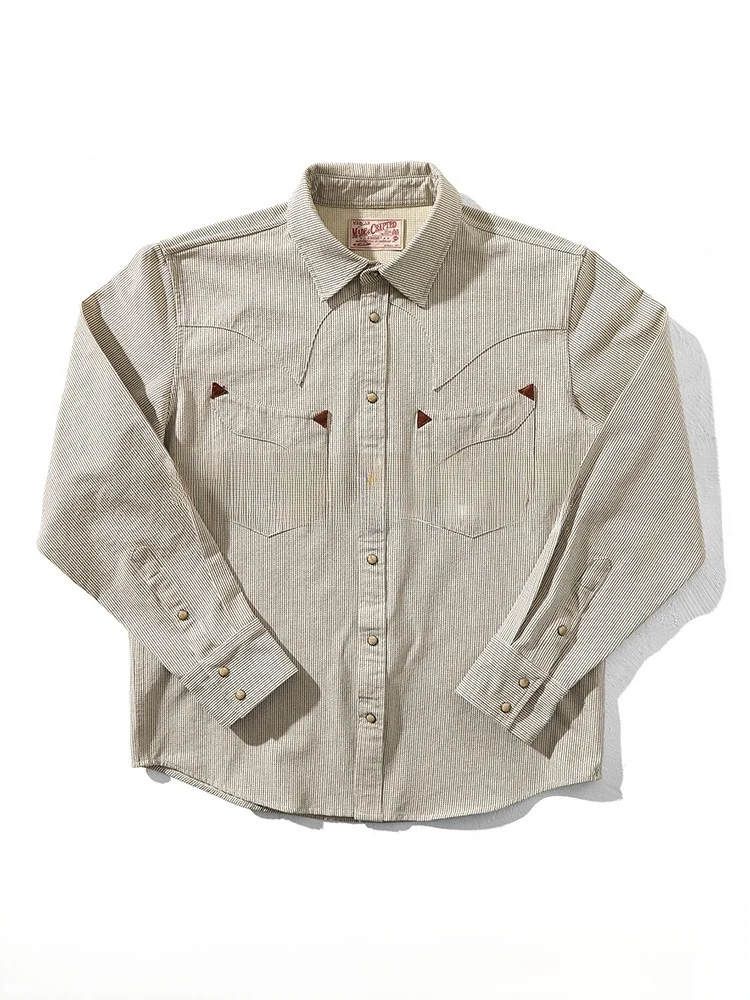 Slim Fit Western Series irt in Khaki Striped Long Sve Button up Cotton Polyester Blend Retro Sle Casual Wear for Youth