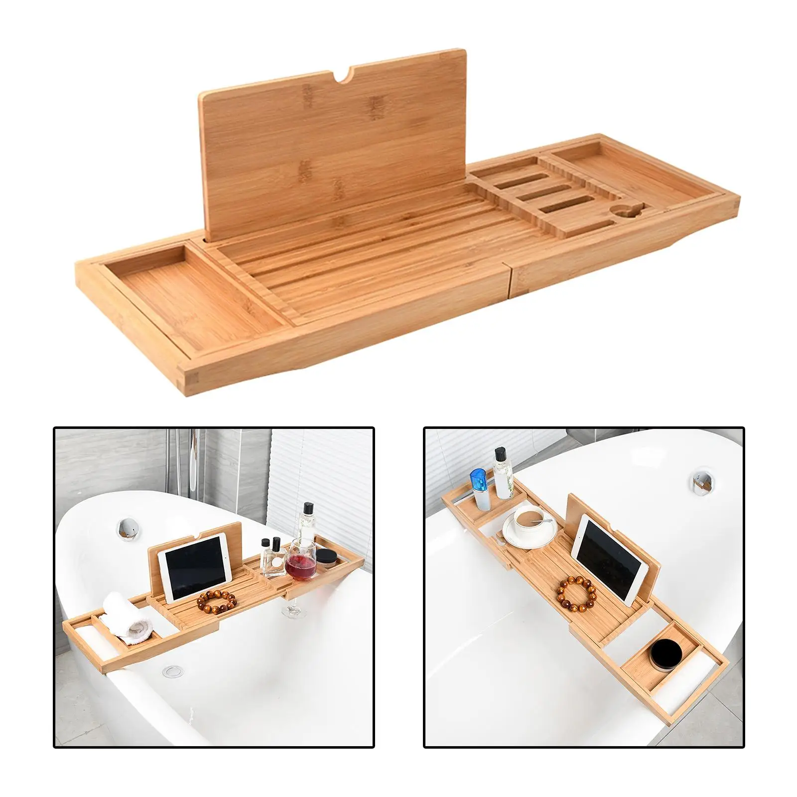 Bathtub Tray Bath Caddy Tray for Tub with Slots Holds Book,Phone ,Soap 23.62``-34.25`` Bath Tray Bathtub Stand Holder