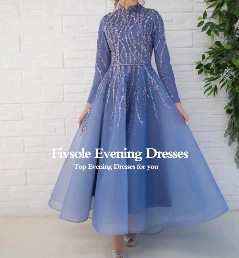 long evening gowns Fivsole Glitter Beaded Tulle Evening Dresses 2022 For Bride Long Sleeves A Line Tea Length Robes De Soirée Vestidos De Fiesta white evening gowns