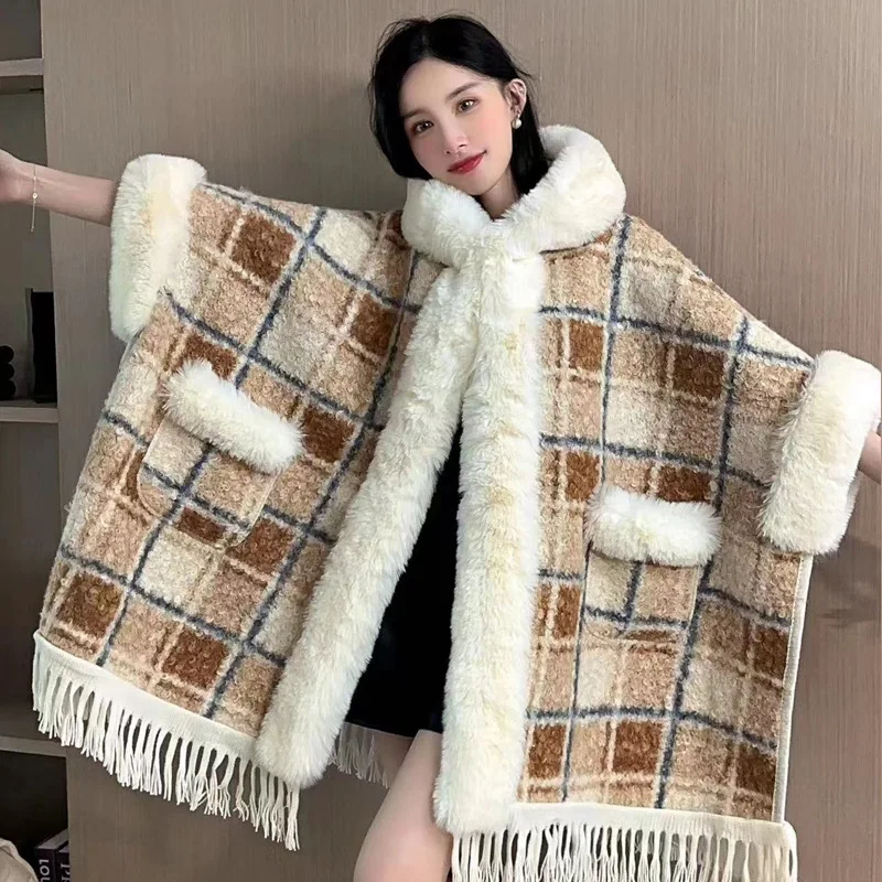 Winter Women Striped Poncho Cape Thicken Granular Velvet Warm Batwing Sleeves Long Cloak Faux Fur Streetwear Overcoat With Hat