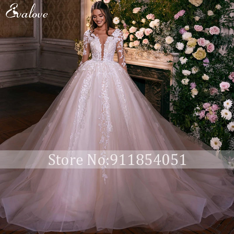 winter wedding dresses EVALOVE Charming V-Neck Backless Full Sleeve Ball Gown Wedding Dress 2022 Gorgeous Appliques Chapel Train Princess Bridal Gown beach wedding dresses