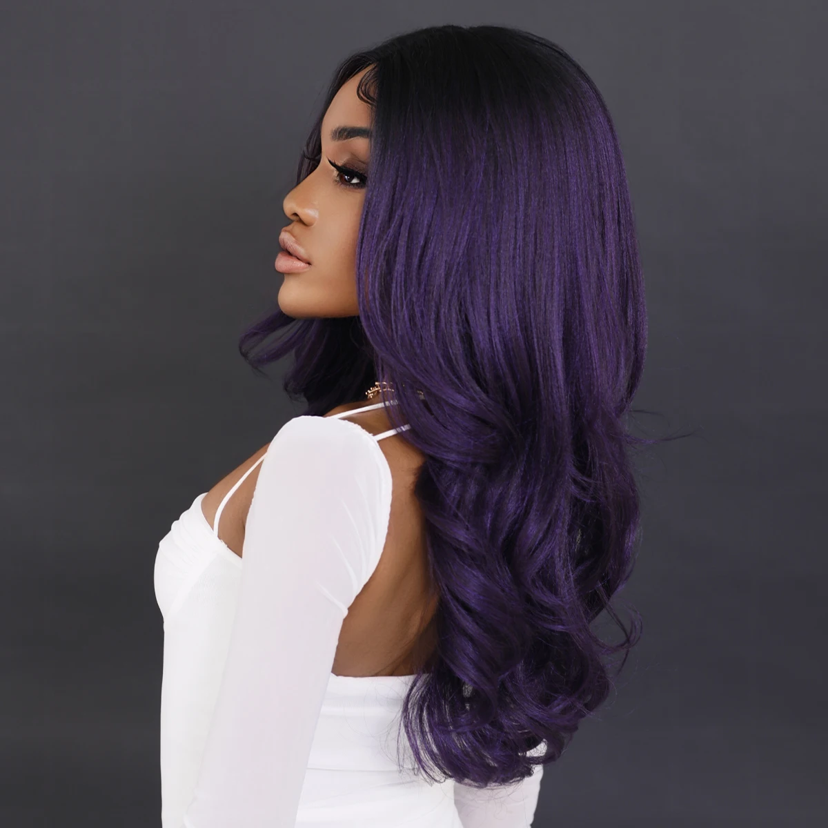 NAMM Long Wavy Deep purple Lace Front Wig for Women Daily Cosplay Use Nathural Synthetic Middle Part Type Wigs High Quality