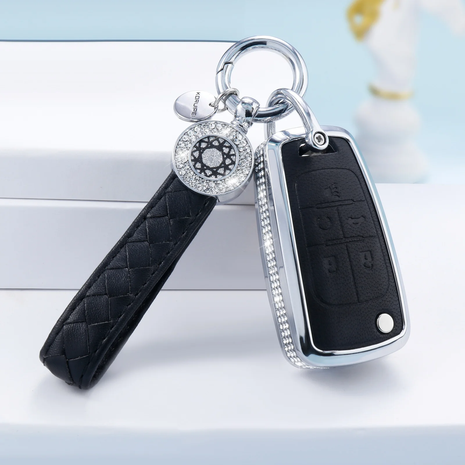 Key Fob Cover With Double Diamond Keychain, Key Case Marble Compatible With Equinox Malibu Spark Cruze Traverse Blazer Smart Key (Pink