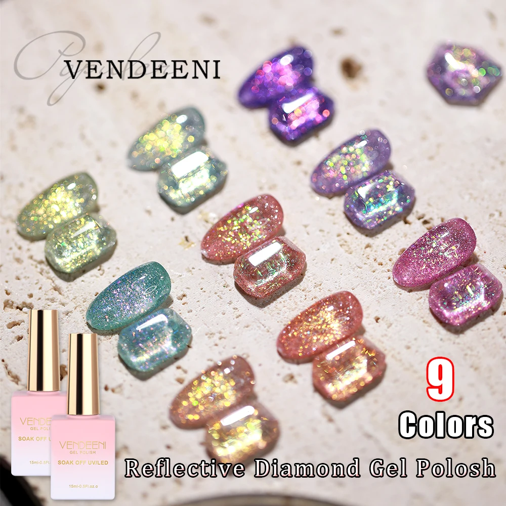 Vendeeni 9 컬러 글리터 칩 다이아몬드 젤 매니큐어 반짝이는 네일 아트 젤 광택 반사 효과 UV 네일 젤 래커