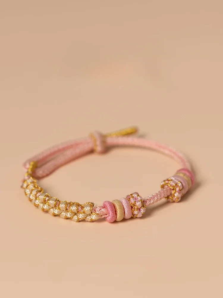 

Semi-Finished Products Peach Blossom Knot Carrying Strap Wearable Gold Lucky Beads String Bracelet Pink Hand-Woven
