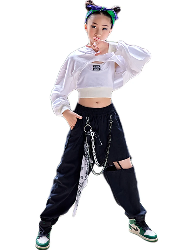 Girls Hip Hop Dance Clothes White Crop Tops Black Hip-Hop Pants