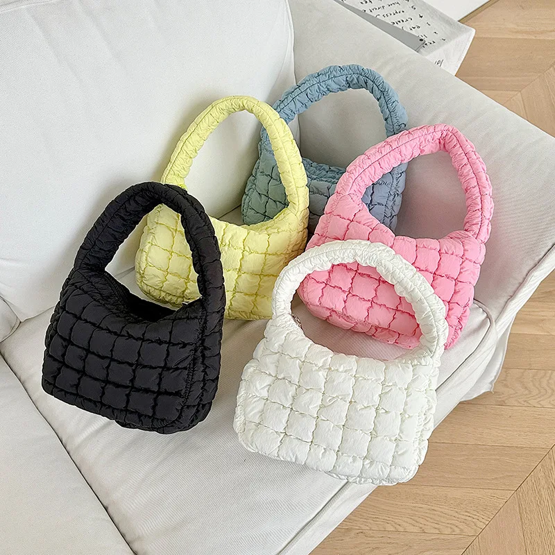 

Summer Women's Pleated Grid Nylon Handbag Designer Quilted Padded Underarm Bag Casual Small Hobos Tote Purses 2023 Bolso Mujer