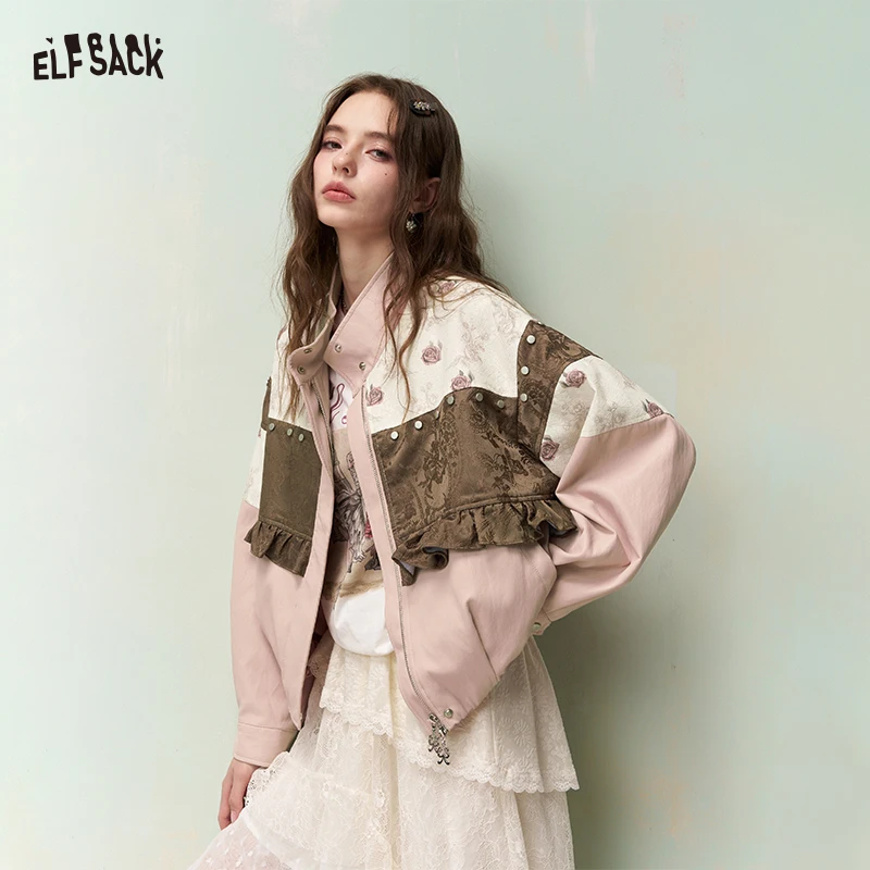ELFSACK Women's Patchwork Floral Print Jacket with Ruffles Cropped Bomber Streetwear Oversized Long Sleeve Spring Casual Top