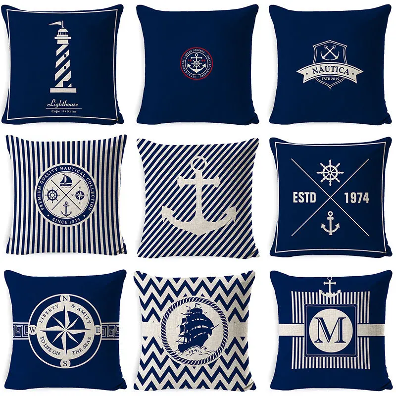 

Nautical Style Cushion Cover 18x18 Inches Vintage Home Decorative Throw Pillowcase Compass Lighthouse Striped Blue Pillow Covers