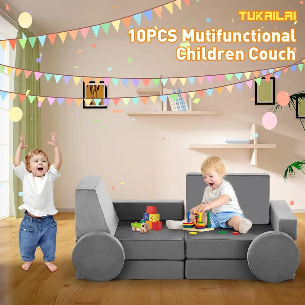 10PCS Modular Kids Play Couch, Convertible Child Sectional Sofa, Imaginative Furniture Play Set for Creative Kids 3