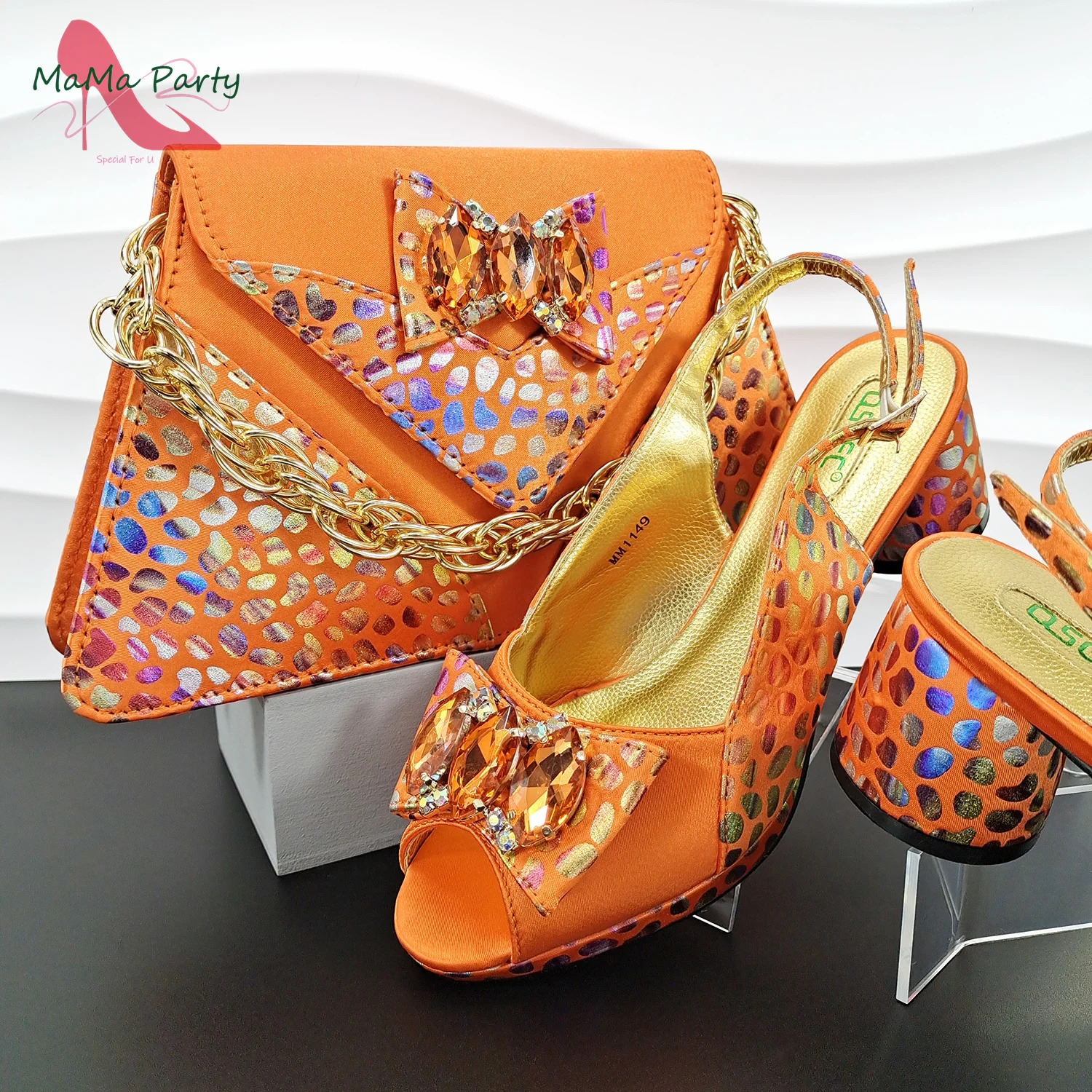 

Orange Color Leisure Specials Design Italian Shoes and Bag Set Round Heels Peep Toe Classics Style for Wedding