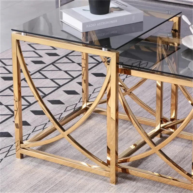 Tables d'appoint carrées dorées en verre, ensemble de petites tables basses, acier inoxydable, verre du Guatemala gris, 3 pièces