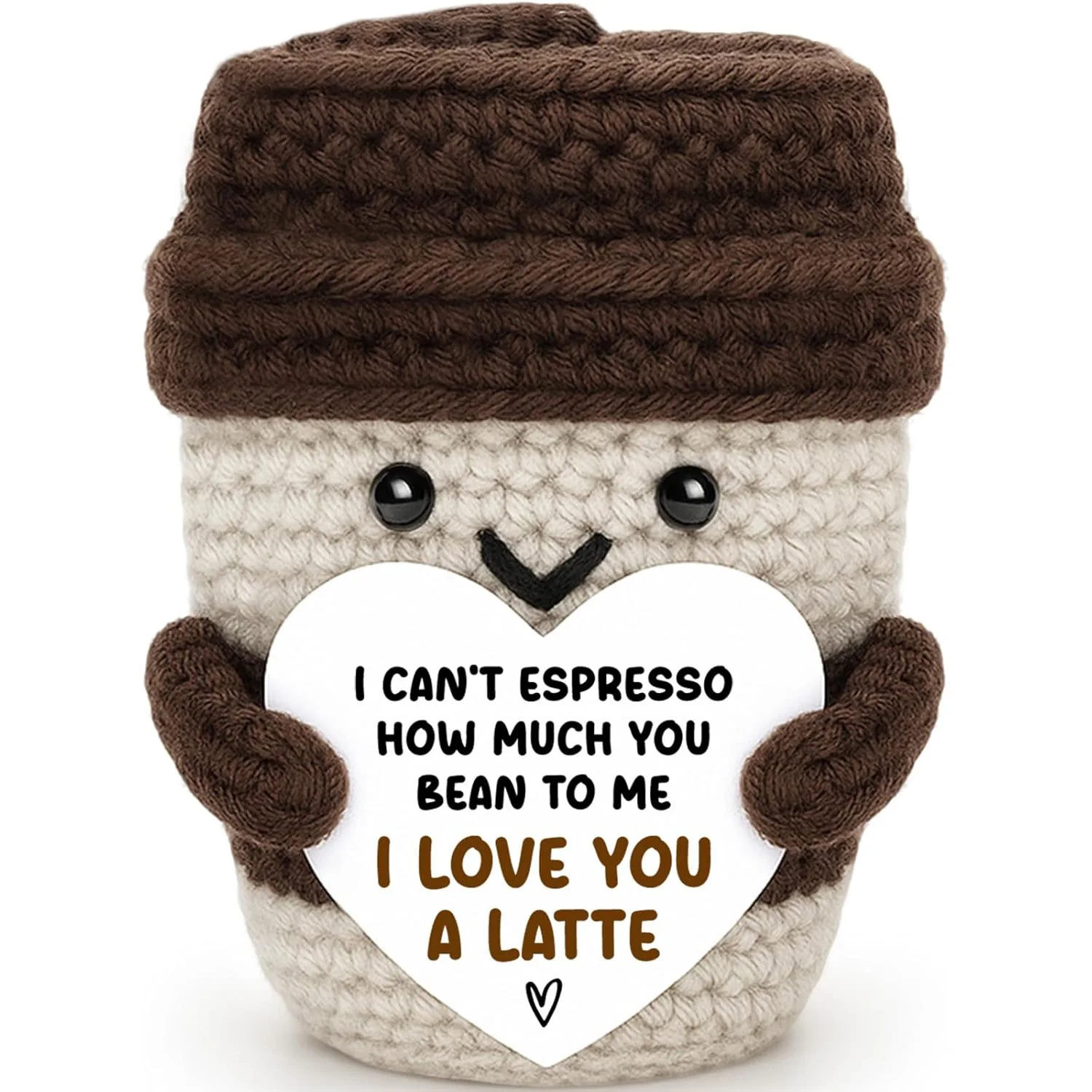 Positive Coffee Cup Crochet Doll with Encouragement Card