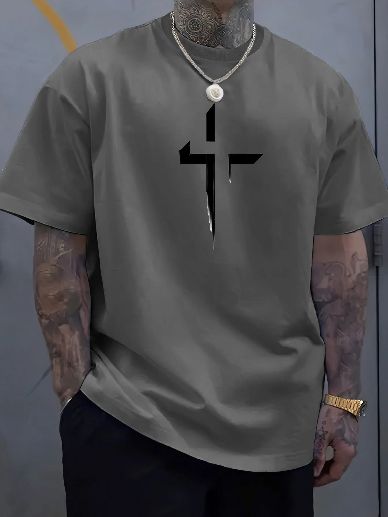 Summer men's 100% pure cotton casual loose plus size Cross Creative printed sports comfortable round neck short sleeved T-shirt - Image 5