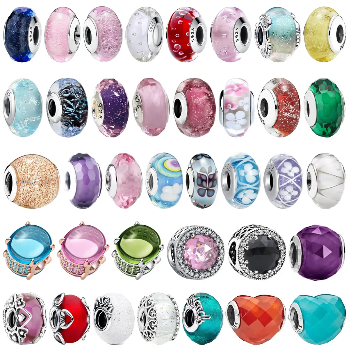 New Original 925 Sterling Silver Flower and Leaf Cosmic Rainbow Charm Murano Glass Beads for Pandora Bracelet DIYWomen's Jewelry