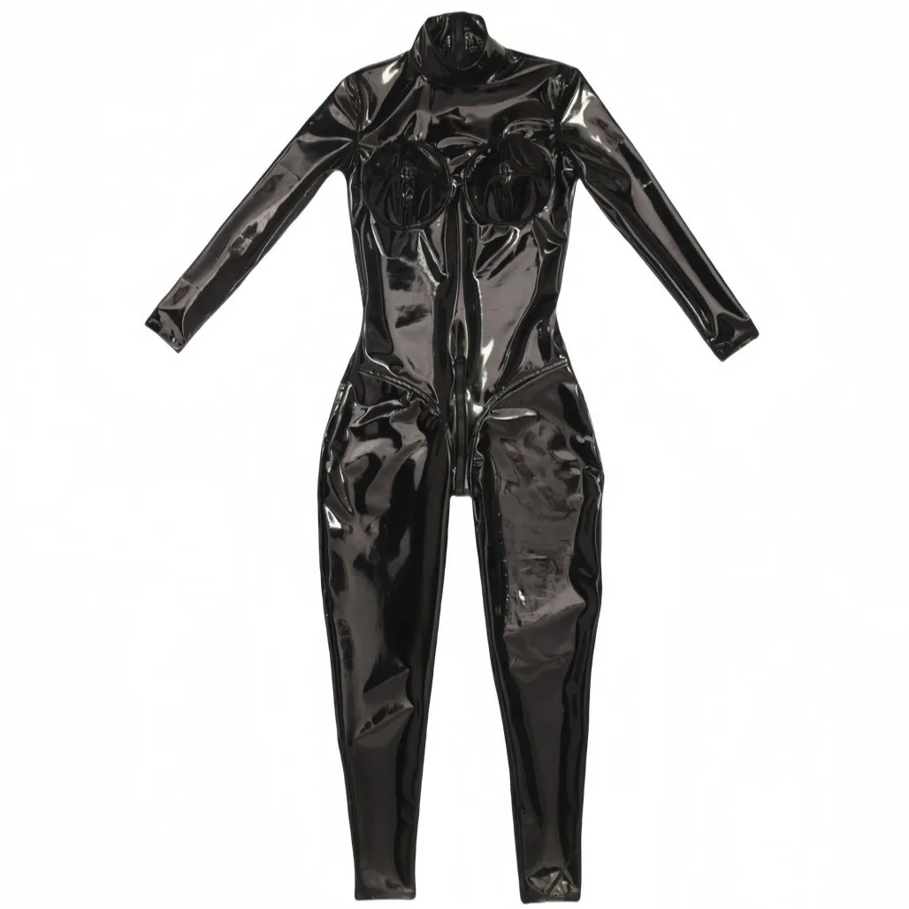 Cosplay Maid Jumpsuit Shiny PVC Leather Women's Catsuit Laser Wet Look PU High Elastic Full Body Bodysuit Shapers Bodystocking 2