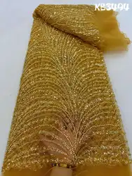 Luxury Bridal Pearl Beaded Lace Fabric Africa Lace Fabric High Quality 2023 Gold French Lace with Sequence for Sewing KB3494