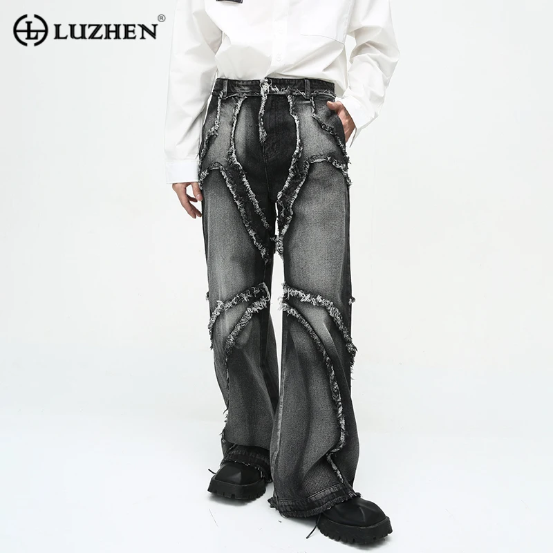 

LUZHEN Jeans Baggy Trendy American Streetwear Fashion Men's Style Vintage Burrs Spliced Design Loose Wide Leg Denim Pants C230cf