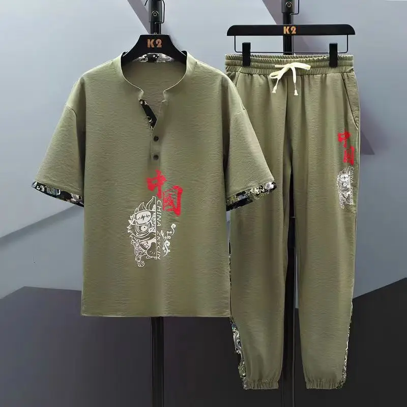 Summer Chinese Style Linen Tang Suit Traditional Clothing Men Tai Chi Uniform Retro Print V-neck Short Sleeve Shirt Pants Set 2