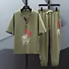 Summer Chinese Style Linen Tang Suit Traditional Clothing Men Tai Chi Uniform Retro Print V-neck Short Sleeve Shirt Pants Set 2