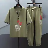 Summer Chinese Style Linen Tang Suit Traditional Clothing Men Tai Chi Uniform Retro Print V-neck Short Sleeve Shirt Pants Set 2