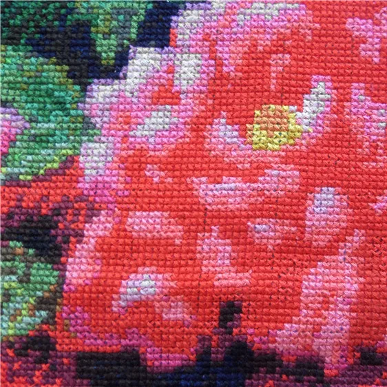 Handmade cross stitch finished product with blooming flowers, wealth, and colorful peonies competing for beauty. Six foot