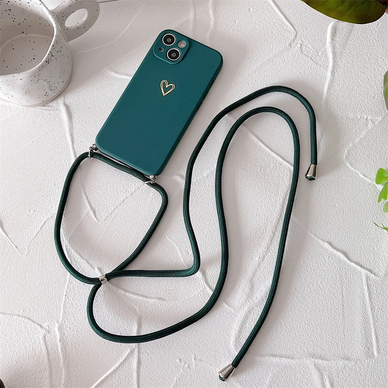 Crossbody Necklace Strap Lanyard Phone Case For iPhone 13 11 12 Mini Pro XS Max XR X 7 8 Plus SE 3 2 Silicone Love Heart Cover 13 pro max case