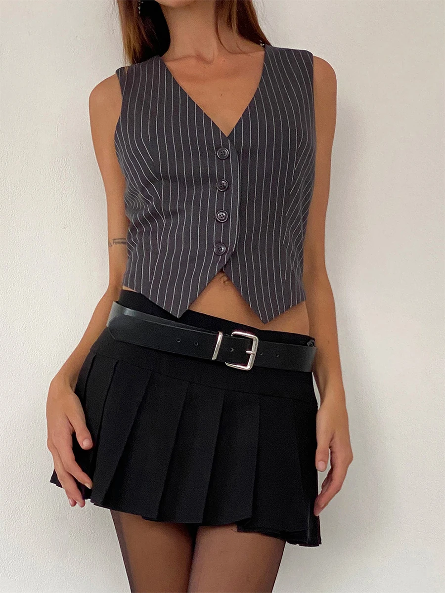 

Women Pinstripe Vest Vintage Sleeveless V Neck Crop Suit Waistcoat Vest Casual Button Y2k Outwear Gilet Streetwear