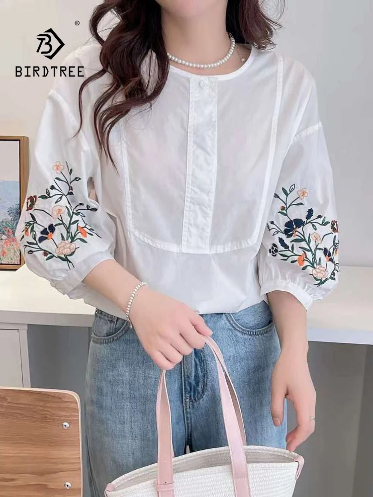 

New Spring Cotton Embroidery Shirt Women O Neck Half Sleeve Literature Tops Girl Loose OL Commute Blouses 2024 Autumn T44050QC