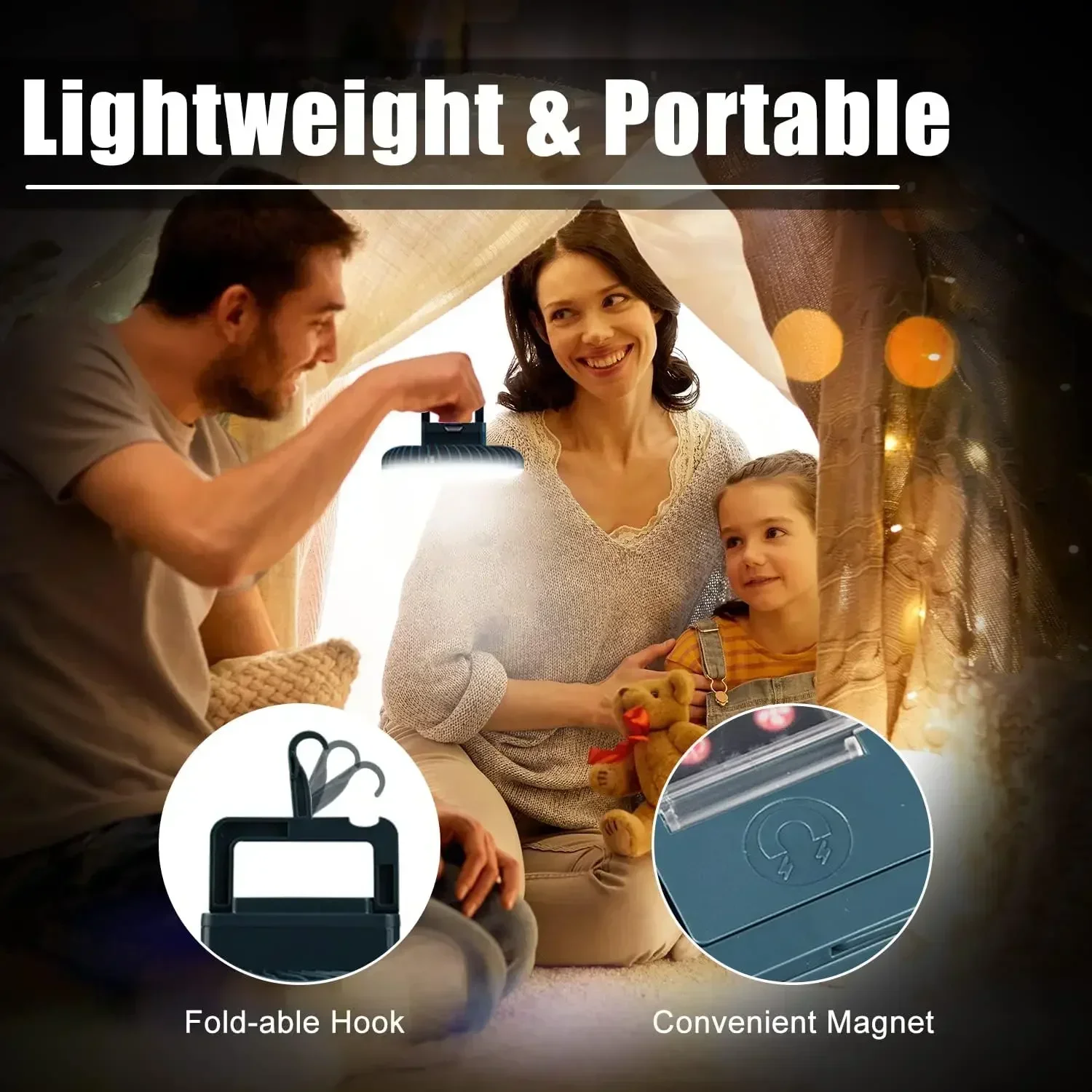 Portable Fan with LED Light USB Rechargeable Desk Fan Tent Lamp Magnetic Torch Outdoor Emergency Camping Lantern with Hook