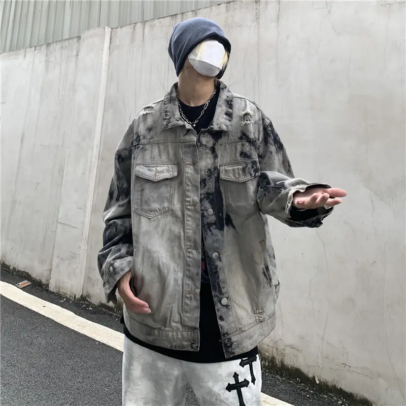 HOUZHOU Punk Jean Jacket Men Motorcycle 