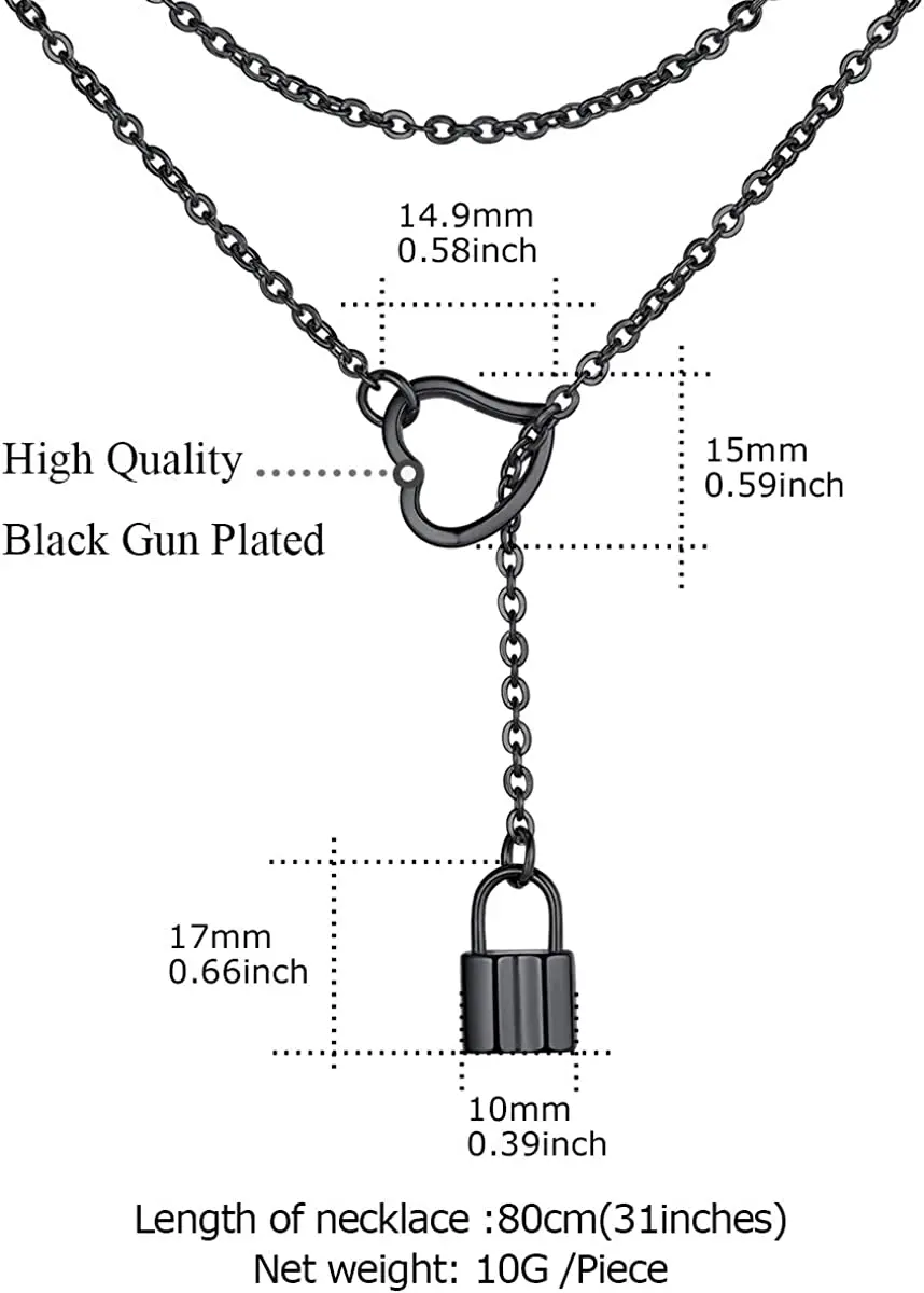 U7 Custom Lariat Y Necklace for Women Heart Lock Padlock Drop Pendant Necklace Looped Open Front Adjustable Long Chain Jewelry