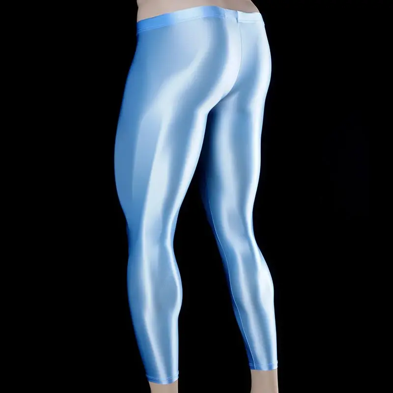 Glossy Men's Sexy Open Crotch Tight Yoga Leggings Satin Training Sports Pants Trousers