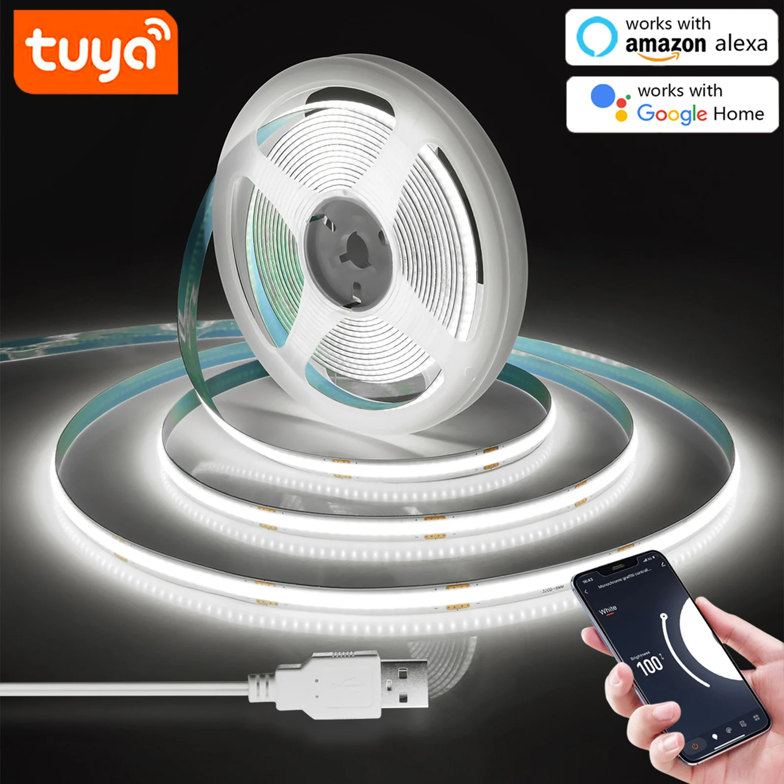 DC5V USB Tuya スマートアプリ WiFi COB LED ストリップライト、1M 2M 3M 5M 調光可能な COB LED ストリップ Alexa/Google ホーム/スマートライフアプリで動作