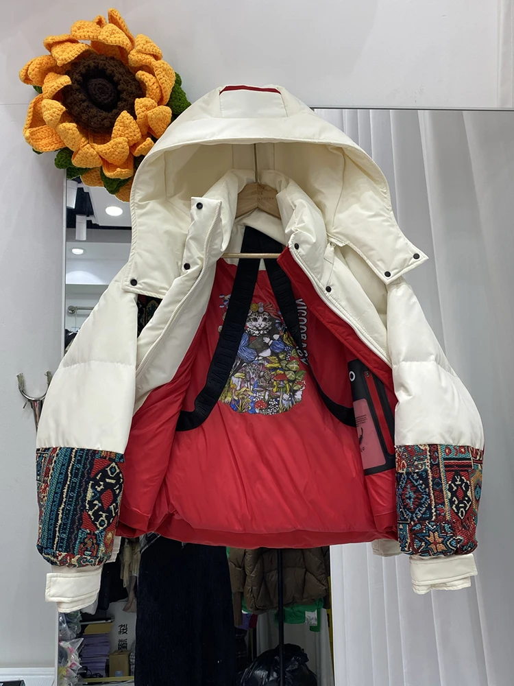 Winter Embroidery Hooded Patchwork Down Jacket Women White Duck Down Warm Jackets Female Thick Quilted Short Parka Outwears Coat