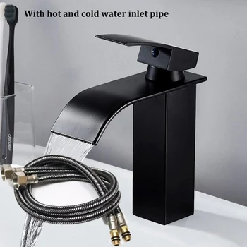 Lavabo a cascata Rubinetto in acciaio inossidabile Nero con tubo di ingresso acqua calda e fredda Lavabo per WC Bagno Casa 1