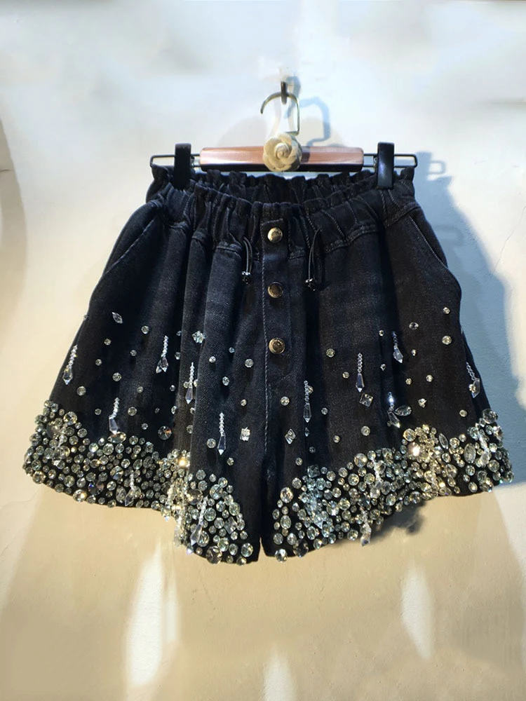 

New Women Denim Shorts Beaded Diamonds Elasticity High Waist Wide Leg Solid Color Short Jeans 2024 Summer New Fashion