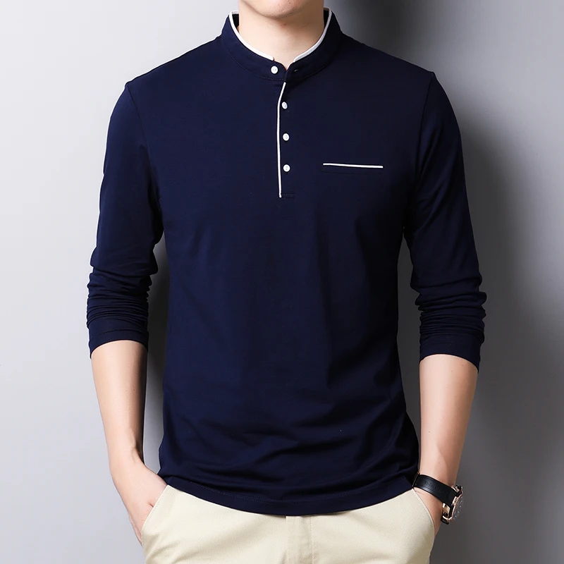 

High Quality 95%Cotton Men's T-Shirt Stand Collar Solid Color Simplicity Long Sleeved Trend Fashion Anti Pilling Men's Clothing
