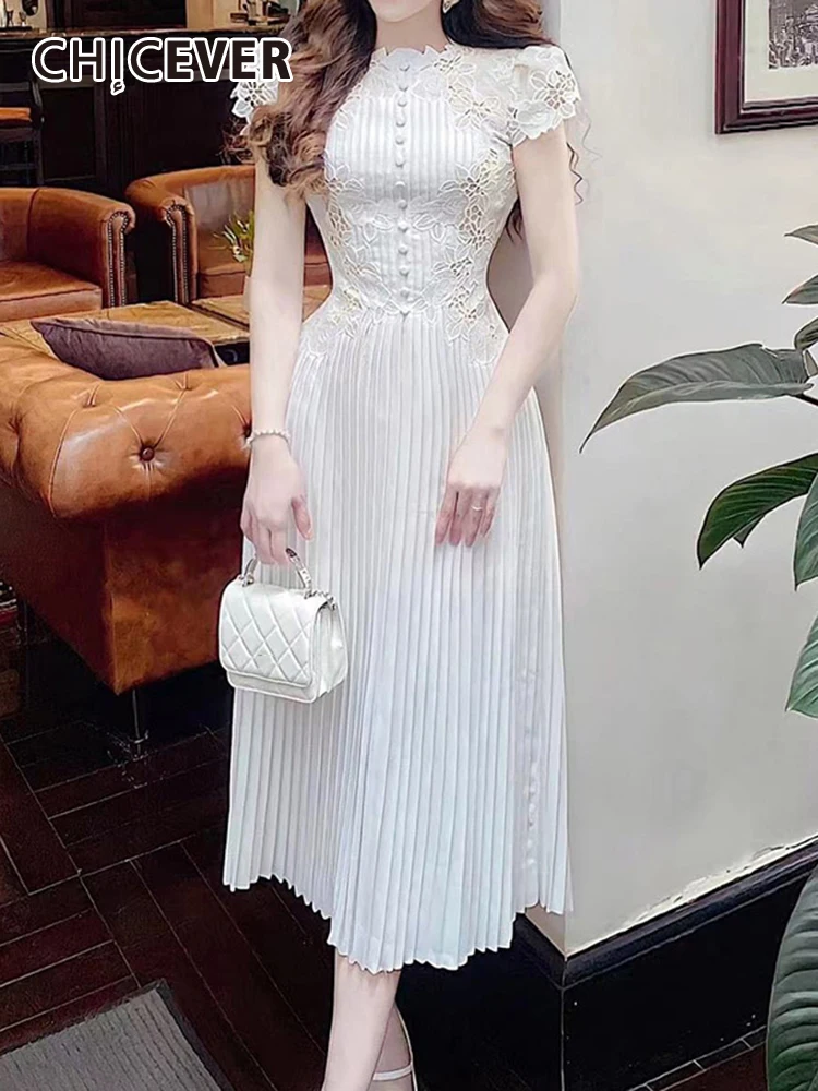 

CHICEVER Spliced Pleated Dresses For Women Round Neck Short Sleeve Single Breasted Patchwork Lace Solid Midi Dress Female 2023