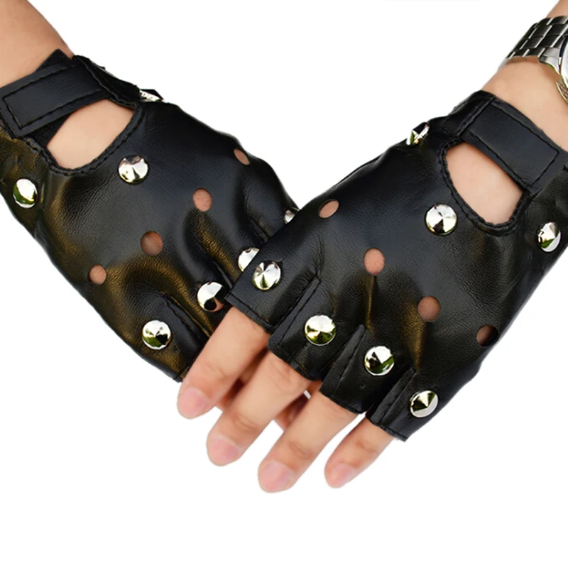 

Women Fashion PU Leather Black Half Finger Gloves Cool Hollow Fingerless Gloves Boy Gloves For Fitness
