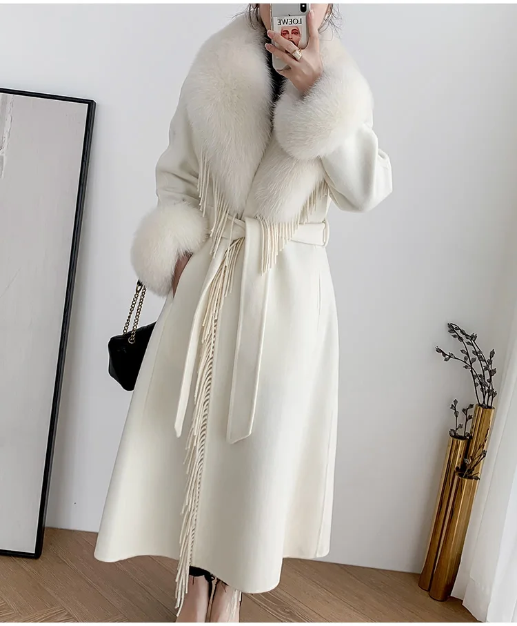 FURYOUME Winter Women Real Fur Coat Jacket X-long Tassel Cashmere Wool Blends Female Lady Trench Belt Fox Fur Collar Streetwear